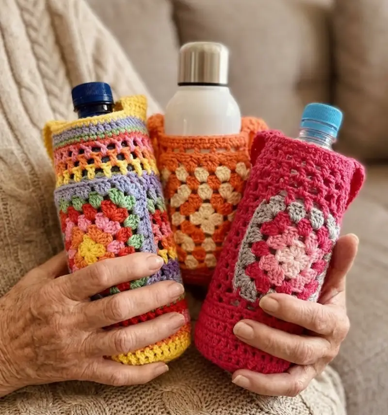 Complimentary Intermediate crochet pattern: Granny Square Pocket Bottle Holder Pattern - Simple to follow guide