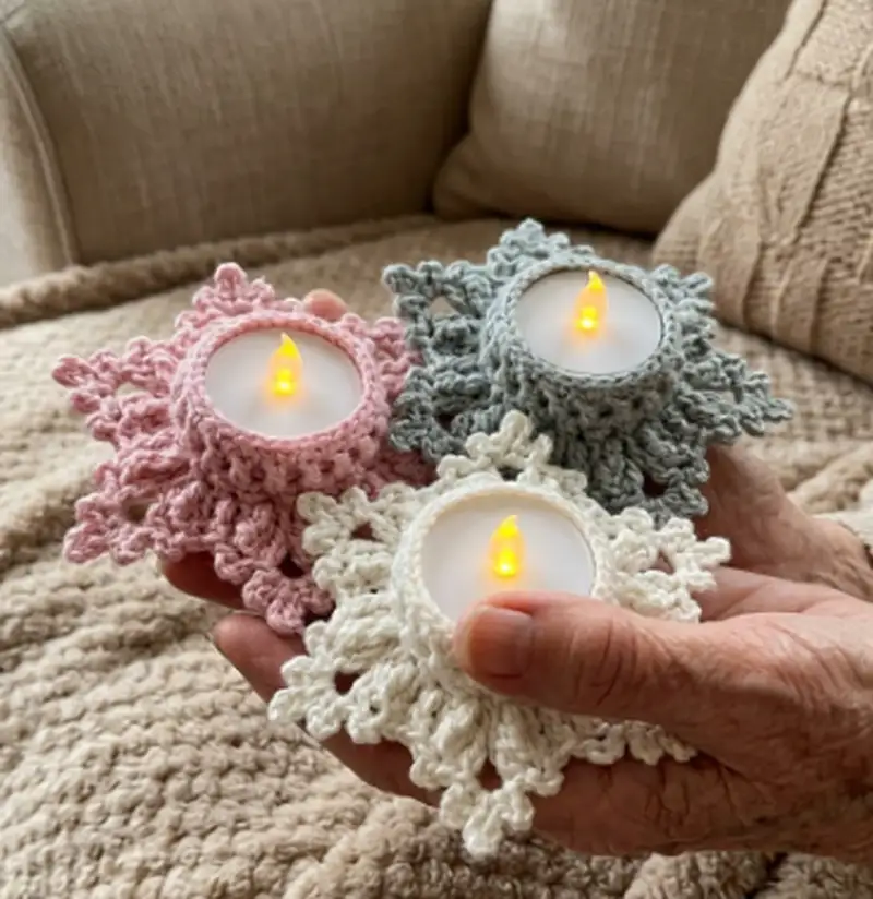 Complimentary Intermediate crochet pattern: LED Tealight Holder Let it Snow Pattern - Simple to follow guide
