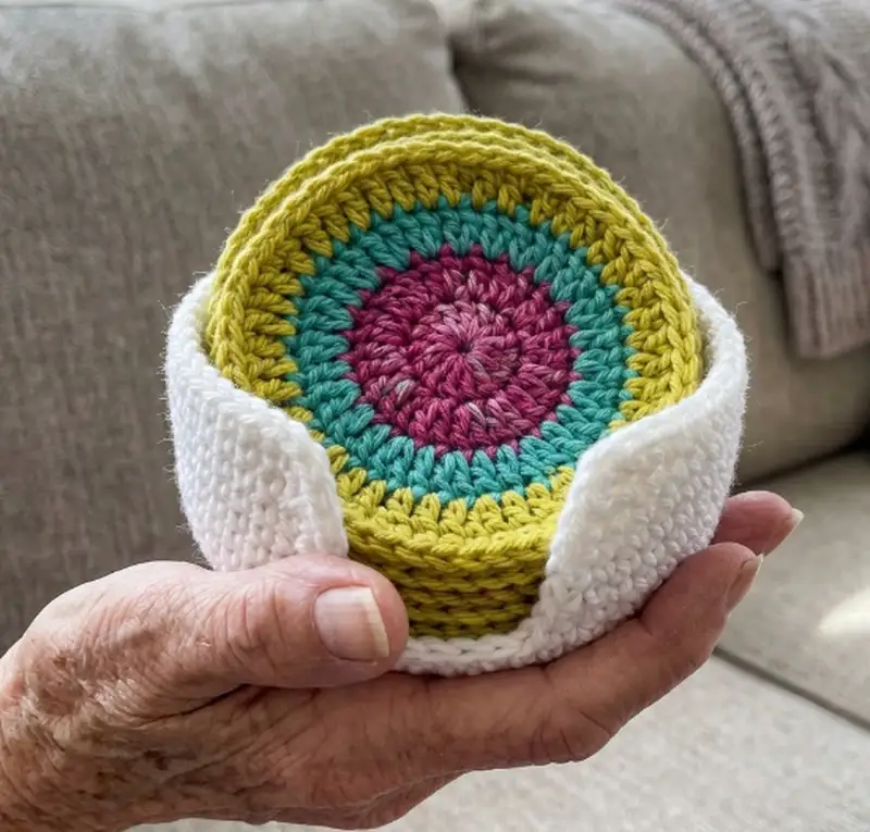 Complimentary Beginner Friendly crochet pattern: Crochet Coaster and Coaster Holder Pattern - Simple to follow guide