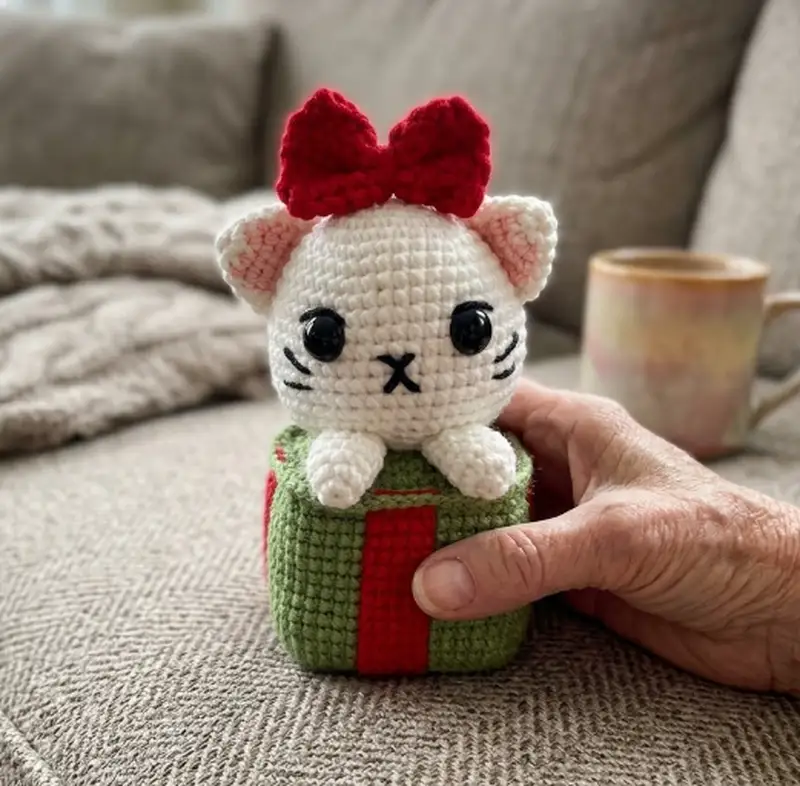 Quality crochet pattern: Christmas Giftbox Cat Amigurumi Pattern - Intermediate level guide with complete instructions