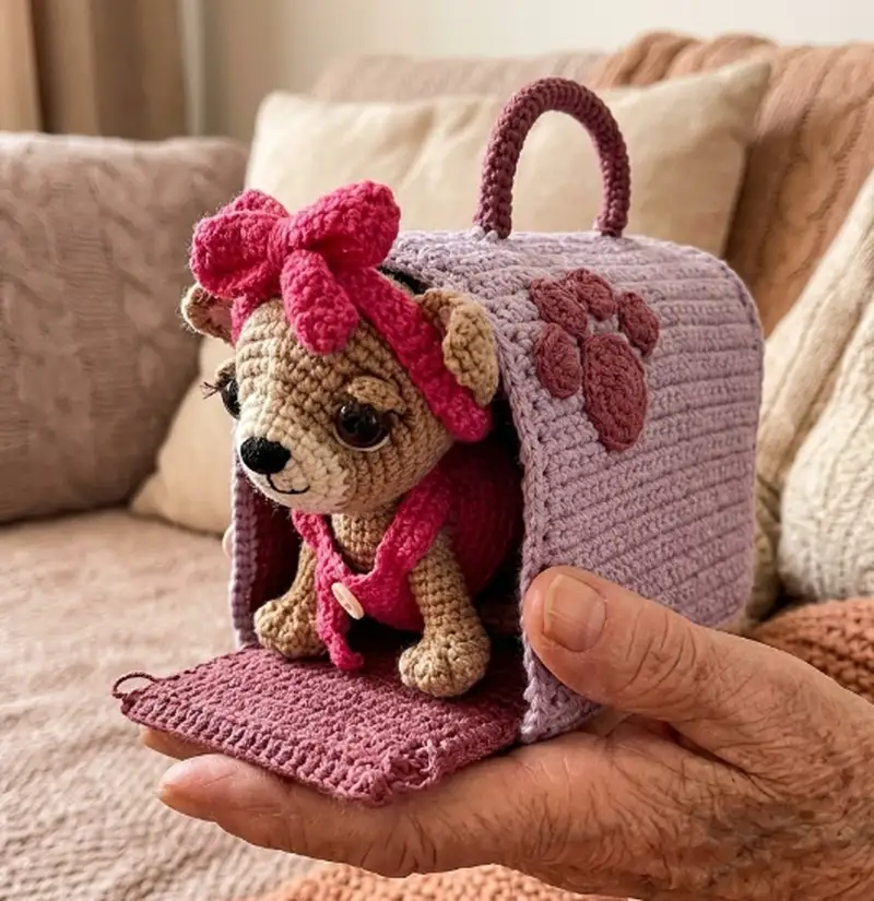 Quality crochet pattern: Chihuahua in a Carrier Bag Amigurumi Pattern - Intermediate level guide with complete instructions