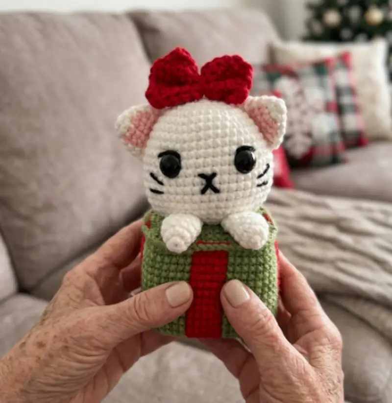 Complimentary Intermediate crochet pattern: Christmas Giftbox Cat Amigurumi Pattern - Simple to follow guide